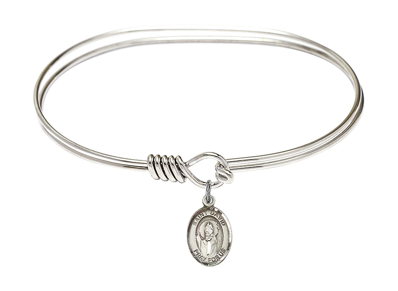 Saint David of Wales Sterling Silver Charm on a 7 inch Oval Eye Hook Rhodium Bangle Bracelet