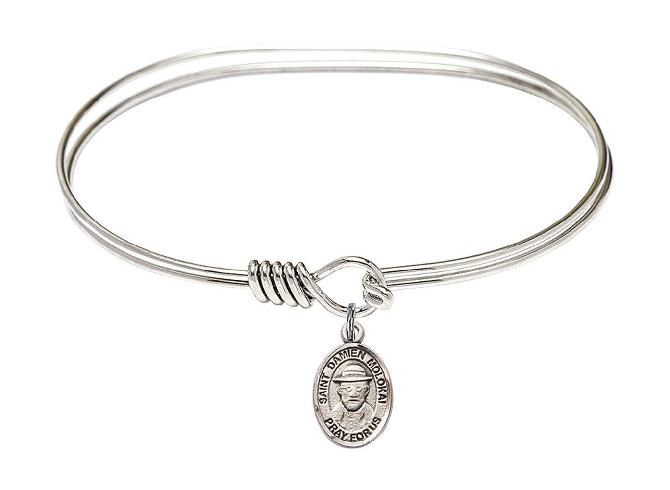 Saint Damien of Molokai Sterling Silver Charm on a 7 inch Oval Eye Hook Rhodium Bangle Bracelet