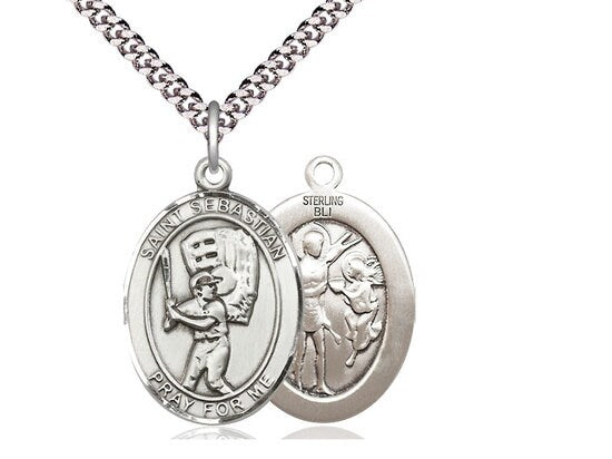St Sebastian Baseball Sterling Silver Pendant on a 24 inch Light Rhodium Heavy Curb Chain.