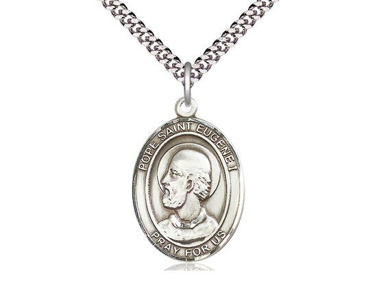 Pope St Eugene I Sterling Silver Pendant on a 24 inch Light Rhodium Heavy Curb Chain.