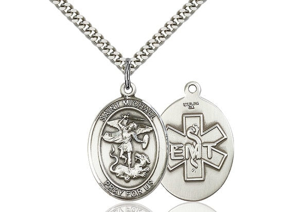 St Michael EMT Sterling Silver Pendant on a 24 inch Light Rhodium Heavy Curb Chain.
