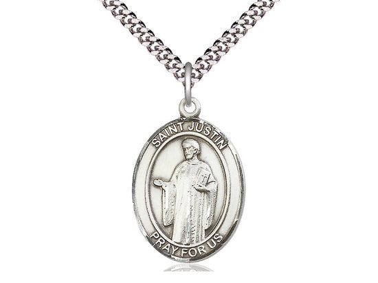 St Justin Sterling Silver Pendant on a 24 inch Light Rhodium Heavy Curb Chain.
