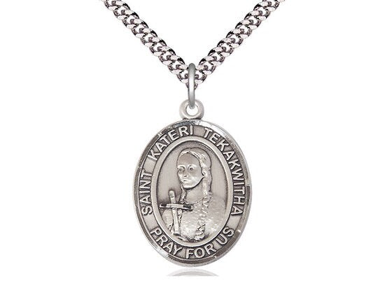 St Kateri Tekakwitha Sterling Silver Pendant on a 24 inch Light Rhodium Heavy Curb Chain.