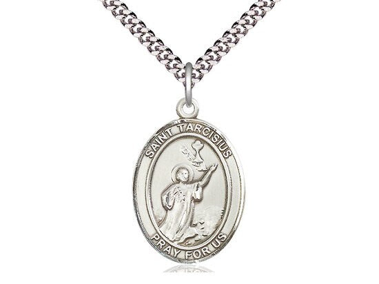 St Tarcisius Sterling Silver Pendant on a 24 inch Light Rhodium Heavy Curb Chain.