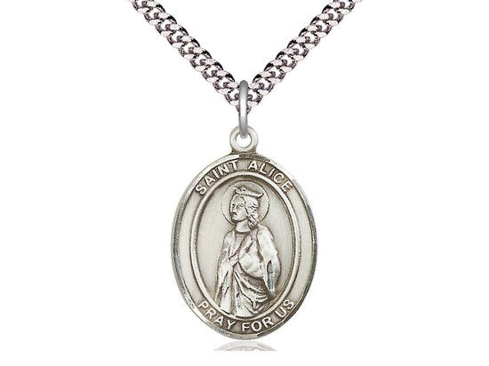 St Alice Sterling Silver Pendant on a 24 inch Light Rhodium Heavy Curb Chain.