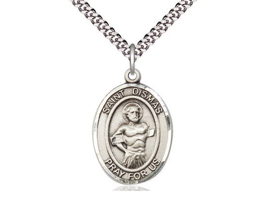 St Dismas Sterling Silver Pendant on a 24 inch Light Rhodium Heavy Curb Chain.