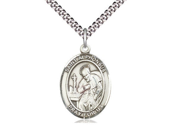 St Alphonsus Sterling Silver Pendant on a 24 inch Light Rhodium Heavy Curb Chain.