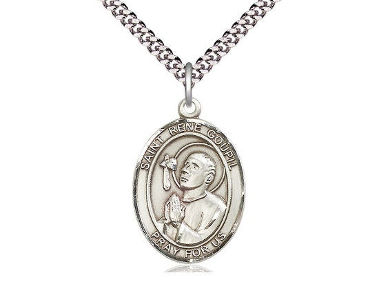 St Rene Goupil Sterling Silver Pendant on a 24 inch Light Rhodium Heavy Curb Chain.