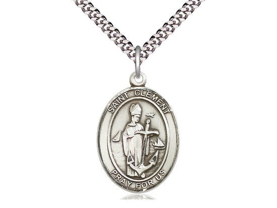 St Clement Sterling Silver Pendant on a 24 inch Light Rhodium Heavy Curb Chain.