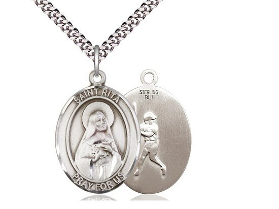 St Rita Baseball Sterling Silver Pendant on a 24 inch Light Rhodium Heavy Curb Chain.