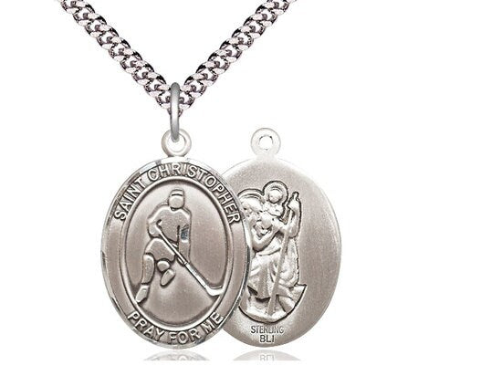 St Christopher Ice Hockey Sterling Silver Pendant on a 24 inch Light Rhodium Heavy Curb Chain.