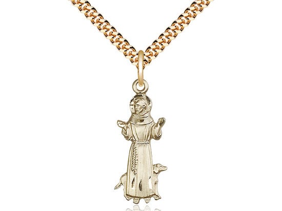 St Francis Gold Filled Pendant on a 24 inch Gold Plate Heavy Curb Chain.