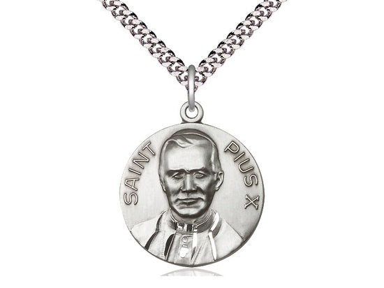 Pope Pius X Sterling Silver Pendant on a 24 inch Light Rhodium Heavy Curb Chain.