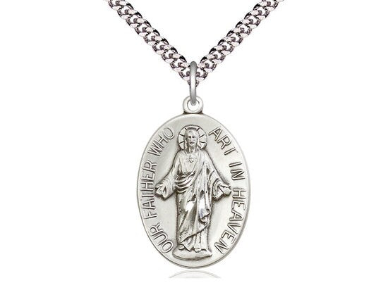Sterling Silver Our Father Pendant on a 24 inch Light Rhodium Heavy Curb Chain.