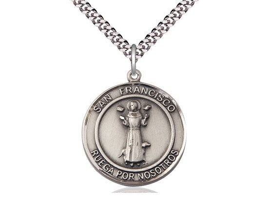 San Francis of Assisi Sterling Silver Pendant on a 24 inch Light Rhodium Heavy Curb Chain.