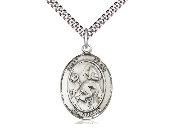 St Kevin Sterling Silver Pendant on a 24 inch Light Rhodium Heavy Curb Chain.