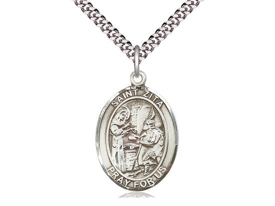St Zita Sterling Silver Pendant on a 24 inch Light Rhodium Heavy Curb Chain.