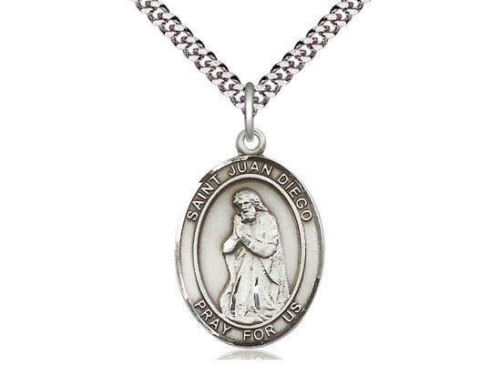 St Juan Diego Sterling Silver Pendant on a 24 inch Light Rhodium Heavy Curb Chain.