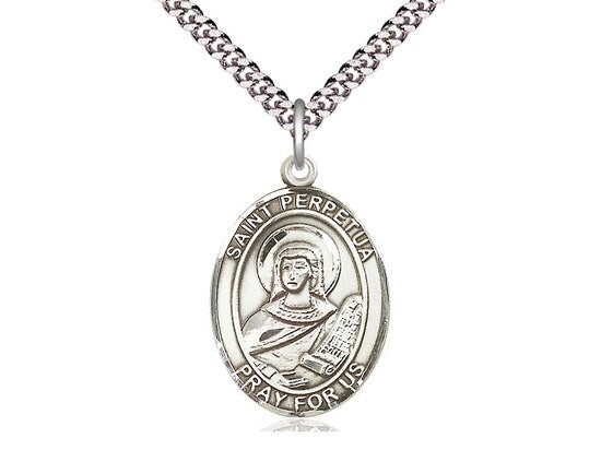 St Perpetua Sterling Silver Pendant on a 24 inch Light Rhodium Heavy Curb Chain.