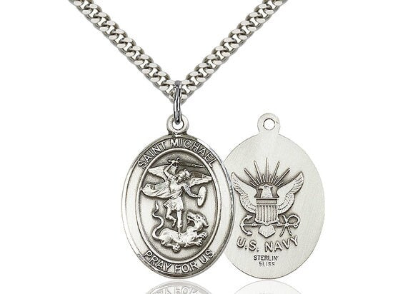 St Michael Navy Sterling Silver Pendant on a 24 inch Light Rhodium Heavy Curb Chain.