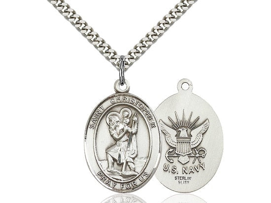 St Christopher Navy Sterling Silver Pendant on a 24 inch Light Rhodium Heavy Curb Chain.