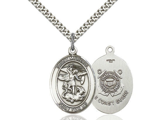 St Michael Coast Guard Sterling Silver Pendant on a 24 inch Light Rhodium Heavy Curb Chain.