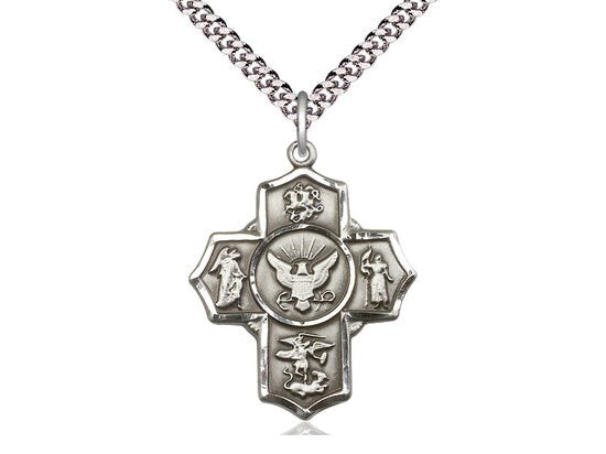 5-Way Navy Sterling Silver Pendant on a 24 inch Light Rhodium Heavy Curb Chain.