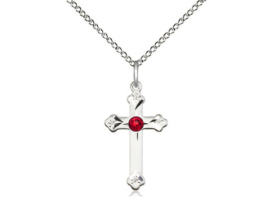 Sterling Silver Cross Pendant with a 3mm Ruby Swarovski stone on a 18 inch Sterling Silver Light Curb Chain.