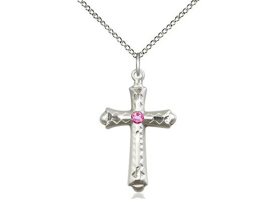 Sterling Silver Cross Pendant with a 3mm Pink Swarovski stone on a 18 inch Sterling Silver Light Curb Chain.