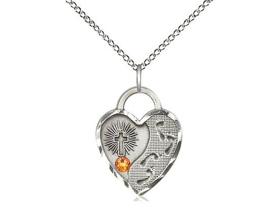 Sterling Silver Footprints Heart Pendant with a 3mm Topaz Swarovski stone on a 18 inch Sterling Silver Light Curb Chain.
