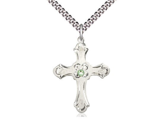 Sterling Silver Cross Pendant with a 3mm Peridot Swarovski stone on a 24 inch Light Rhodium Heavy Curb Chain.