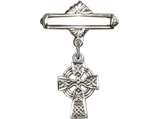 Sterling Silver Baby Badge with Celtic Cross Charm and Polished Badge Pin