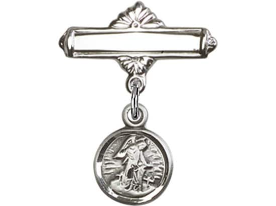 Sterling Silver Baby Badge with Guardian Angel Charm and Polished Badge Pin