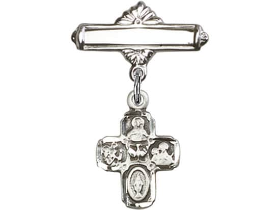Sterling Silver Baby Badge with 4-Way Charm and Polished Badge Pin