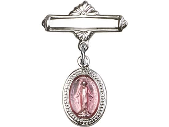 Sterling Silver Baby Badge with Pink Religious Charm and Polished Badge Pin