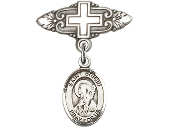 Sterling Silver Baby Badge with St. Brigid of Ireland Charm and Badge Pin with Cross