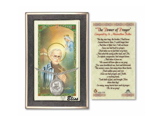 Saint Maximilian Kolbe Medal on a 24 inch Heavy Curb Chain with a Prayer to St Maximillian Kolbe Prayer Card.