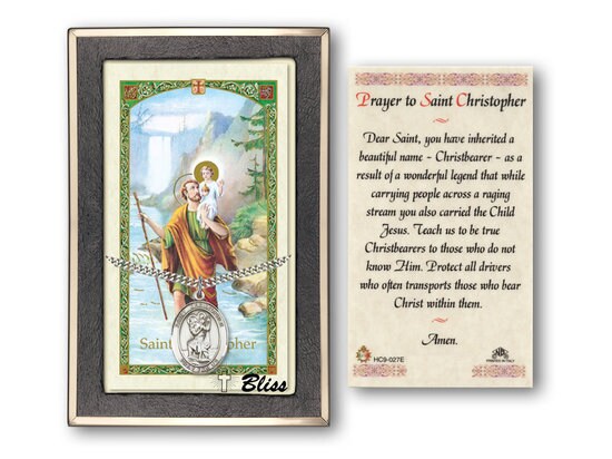 Saint Christopher Medal on a 24 inch Heavy Curb Chain with a Prayer to St Cristopher Prayer Card.