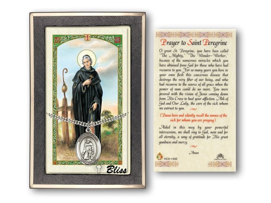 Saint Peregrine Laziosi Medal on a 24 inch Heavy Curb Chain with a Prayer to St Peregrine Prayer Card.