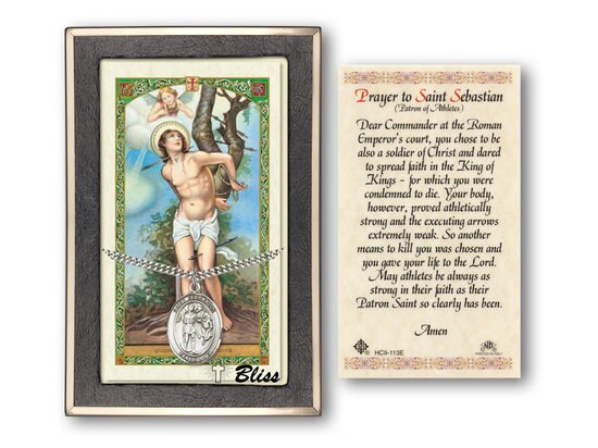 Saint Sebastian Medal on a 24 inch Heavy Curb Chain with a Prayer to St Sebastian Prayer Card.