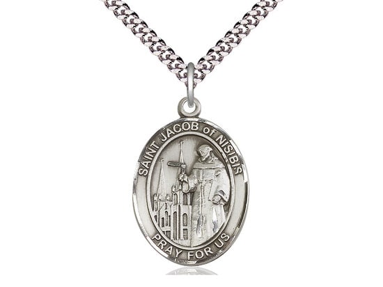 St Jacob of Nisibis Sterling Silver Pendant on a 24 inch Light Rhodium Heavy Curb Chain.