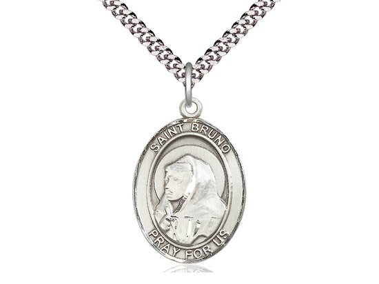 St Bruno Sterling Silver Pendant on a 24 inch Light Rhodium Heavy Curb Chain.