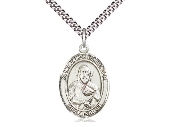 St James the Lesser Sterling Silver Pendant on a 24 inch Light Rhodium Heavy Curb Chain.