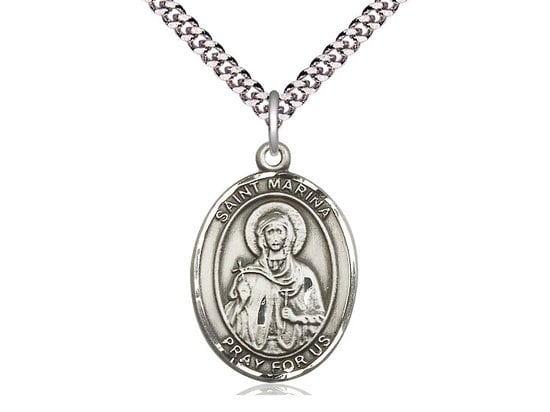 St Marina Sterling Silver Pendant on a 24 inch Light Rhodium Heavy Curb Chain.