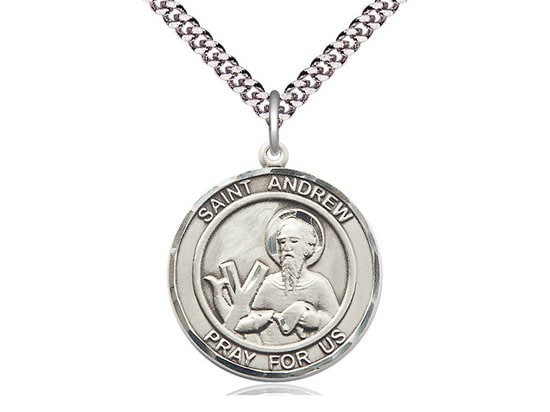 St Andrew the Apostle Sterling Silver Pendant on a 24 inch Light Rhodium Heavy Curb Chain.