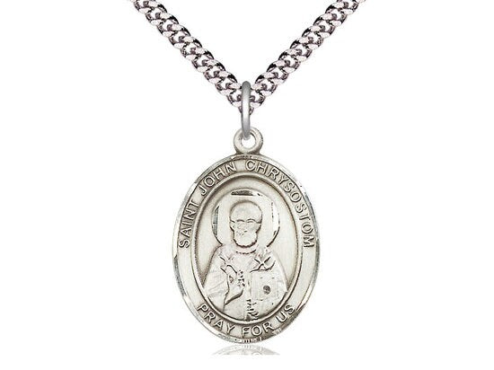 St John Chrysostom Pendant on a 24 inch Light Rhodium Heavy Curb Chain.