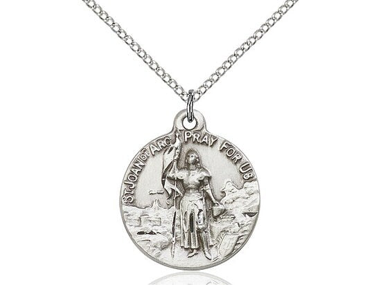 St Joan of Arc Sterling Silver Pendant on a 18 inch Sterling Silver Light Curb Chain.