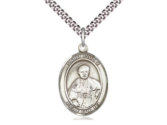 St Pius X Sterling Silver Pendant on a 24 inch Light Rhodium Heavy Curb Chain.