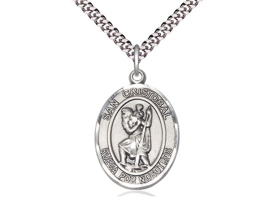San Cristobal Sterling Silver Pendant on a 24 inch Light Rhodium Heavy Curb Chain.