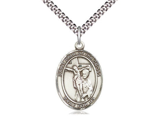 St Paul of the Cross Sterling Silver Pendant on a 24 inch Light Rhodium Heavy Curb Chain.